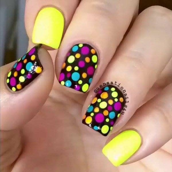 Elegant Neon Polka Dot Nail Art Look in Yellow and Black Mainly