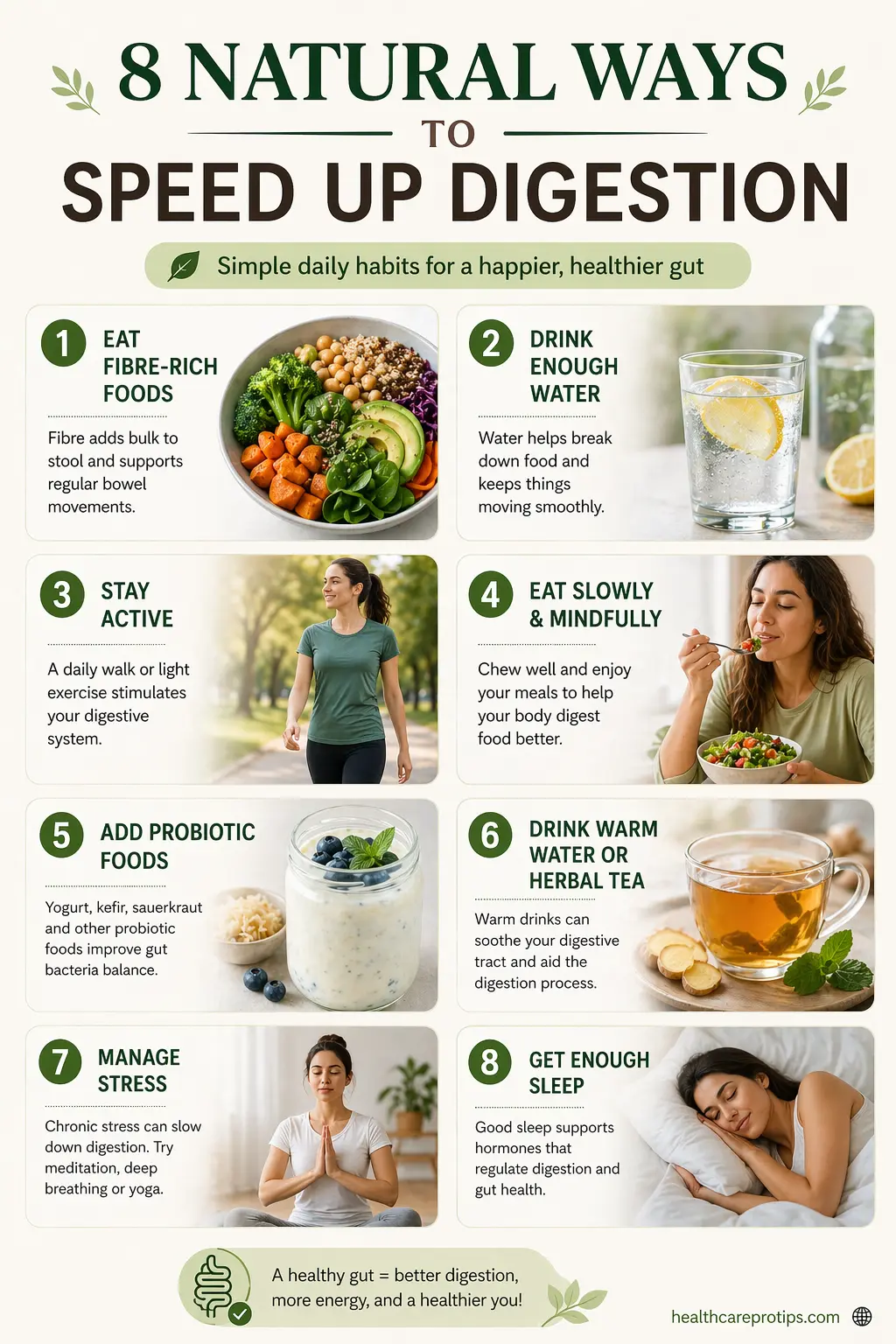 infographic showing 8 natural ways to speed up digestion including fibre water walking and stress management