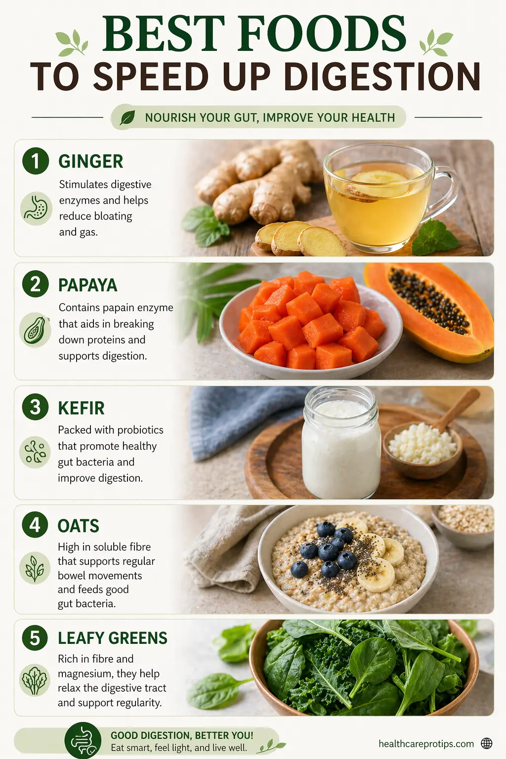 infographic showing best foods to speed up digestion including ginger papaya kefir oats and leafy greens