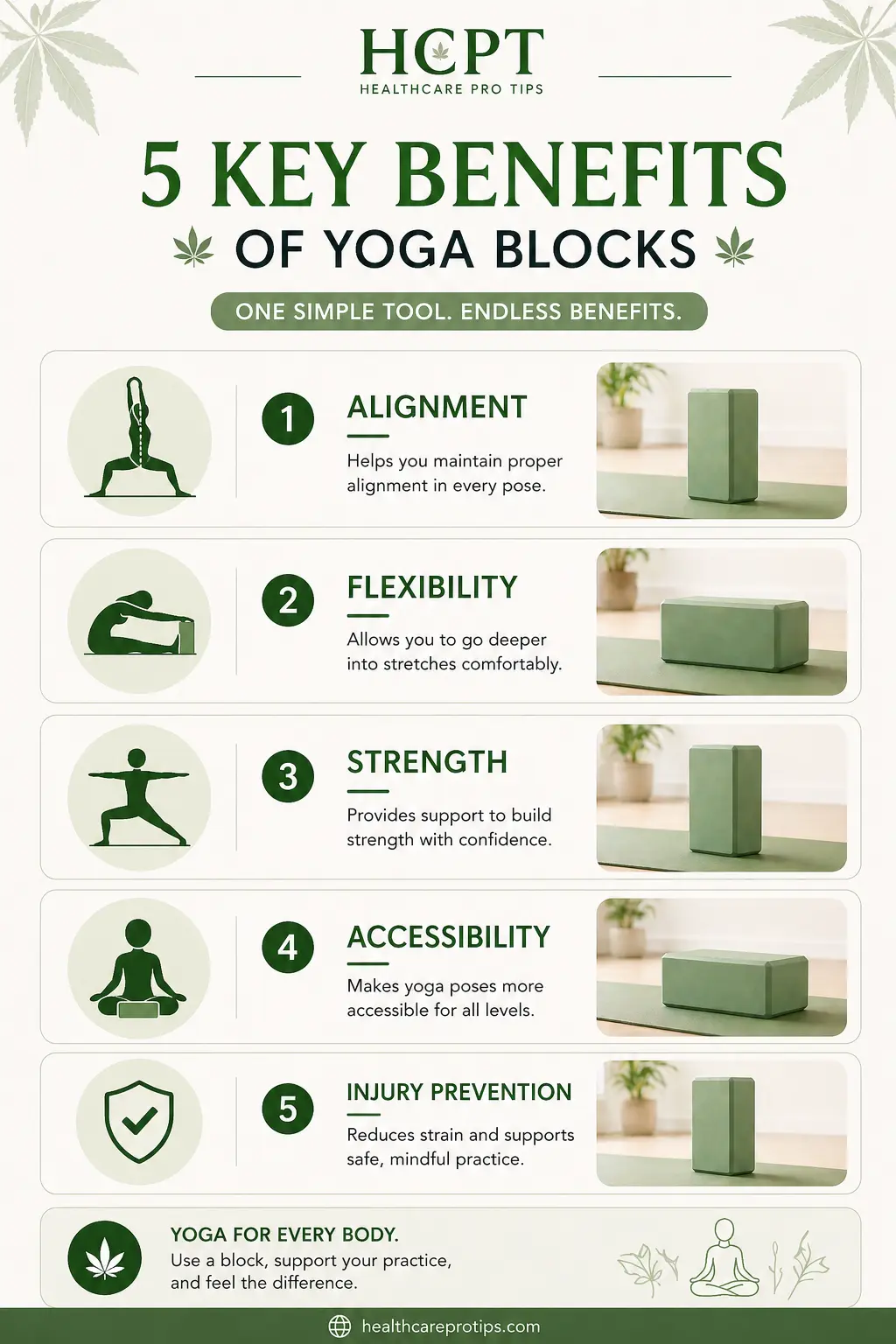 infographic showing 5 key benefits of using yoga blocks including alignment flexibility strength accessibility and injury prevention
