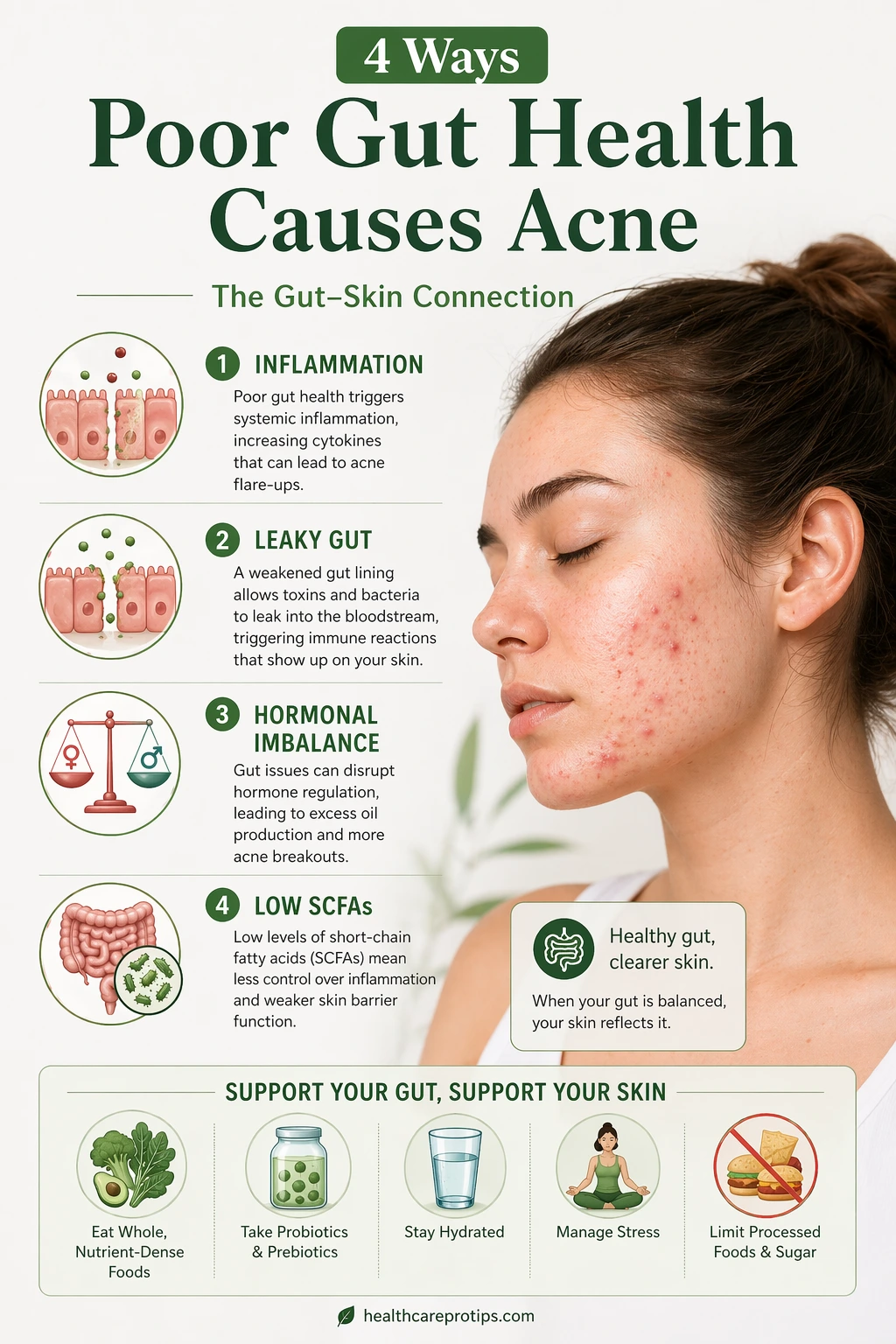 4 ways poor gut health causes acne including inflammation leaky gut hormones and low SCFAs