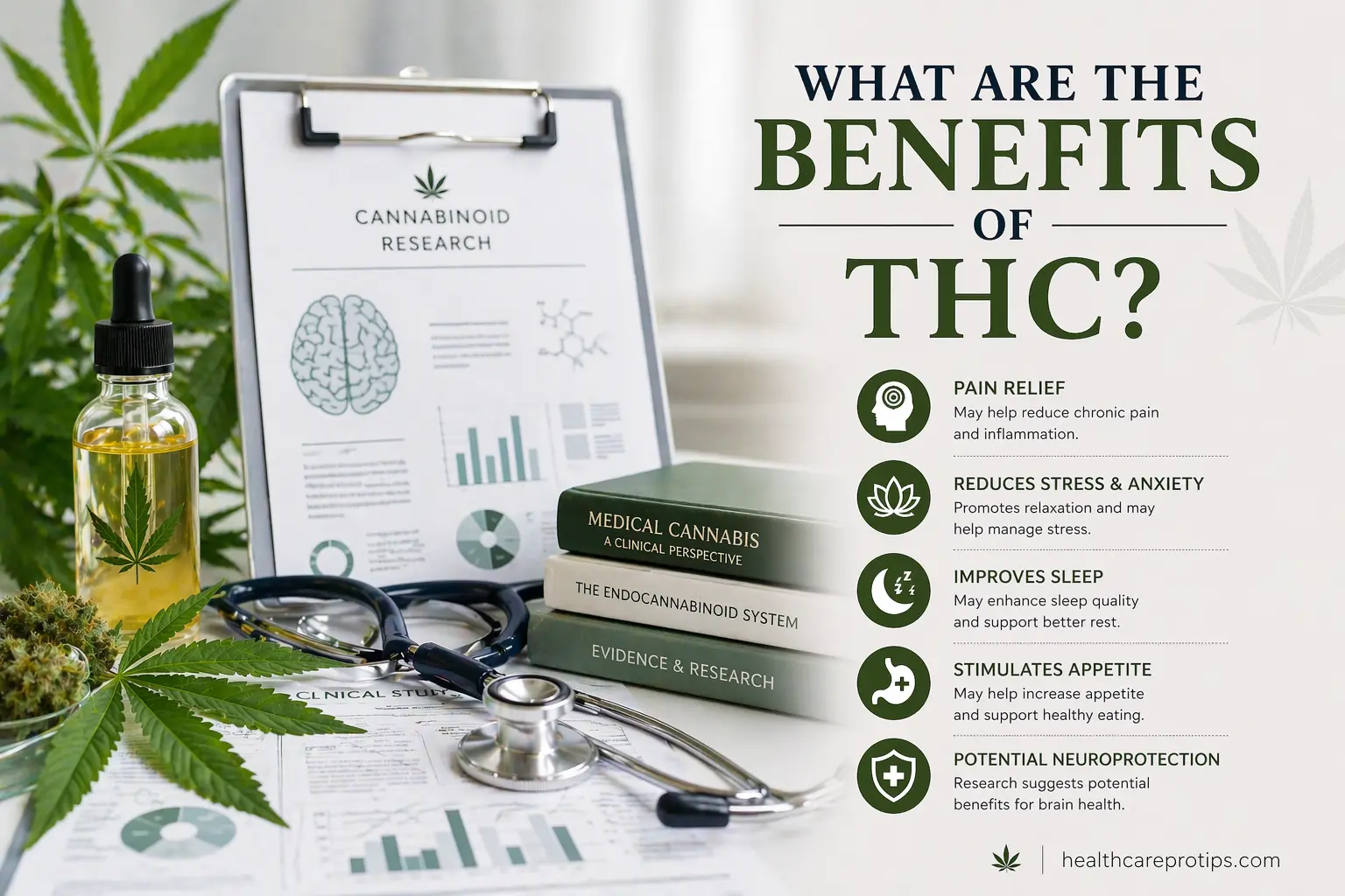 medical cannabis THC plant with scientific research papers and stethoscope representing medical benefits of THC