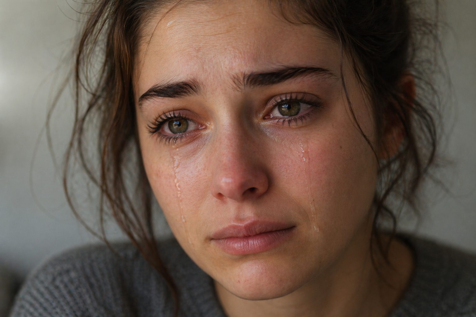 person with tears running down face looking genuinely emotional in a close up shot