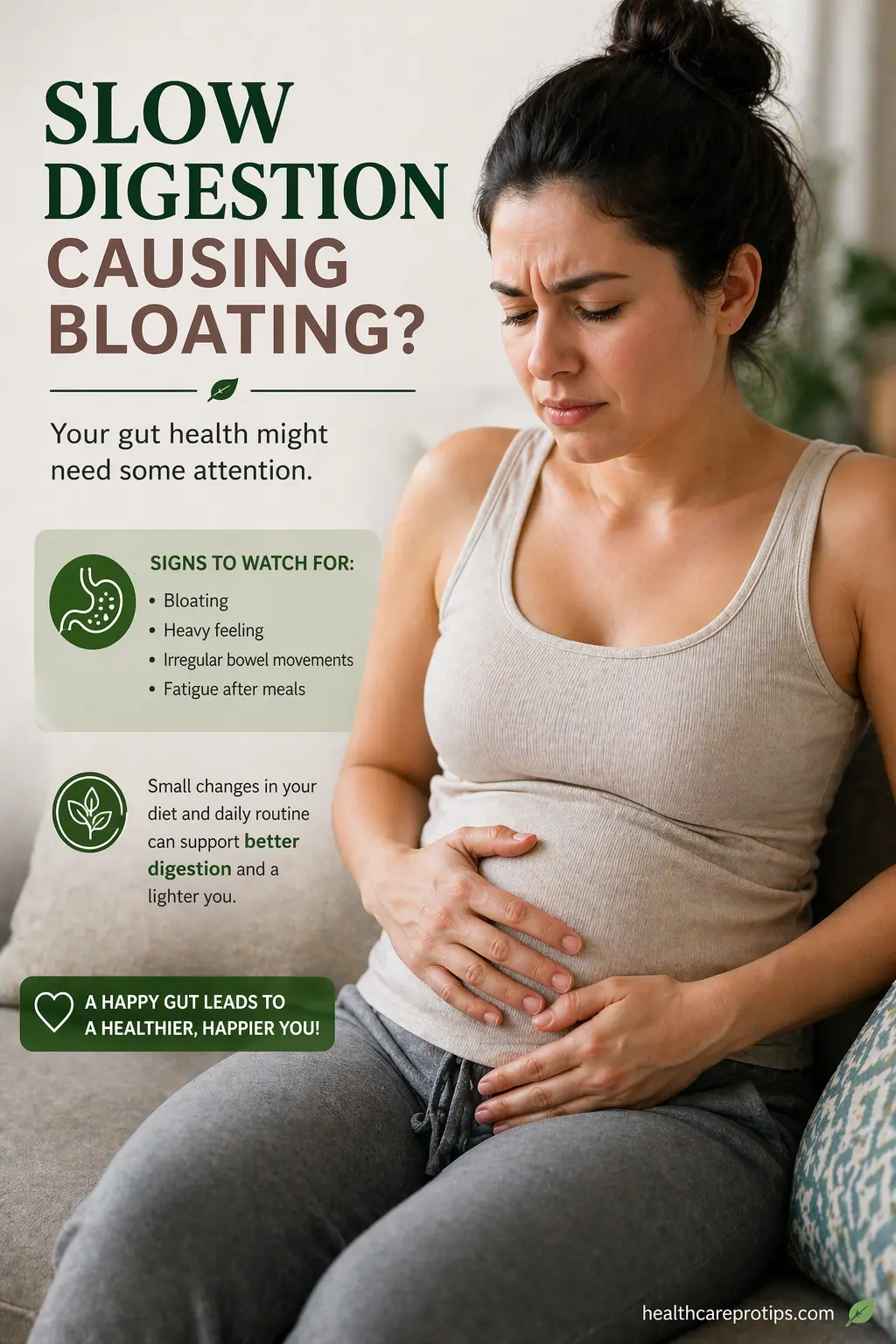 woman holding stomach showing signs of slow digestion and bloating