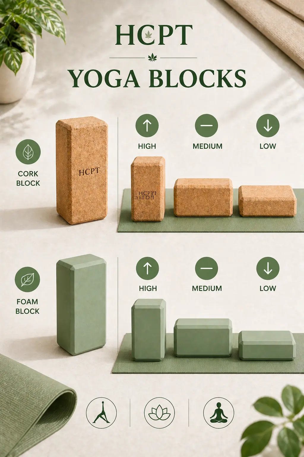 yoga blocks in three height positions cork and foam yoga blocks on a yoga mat showing different types available