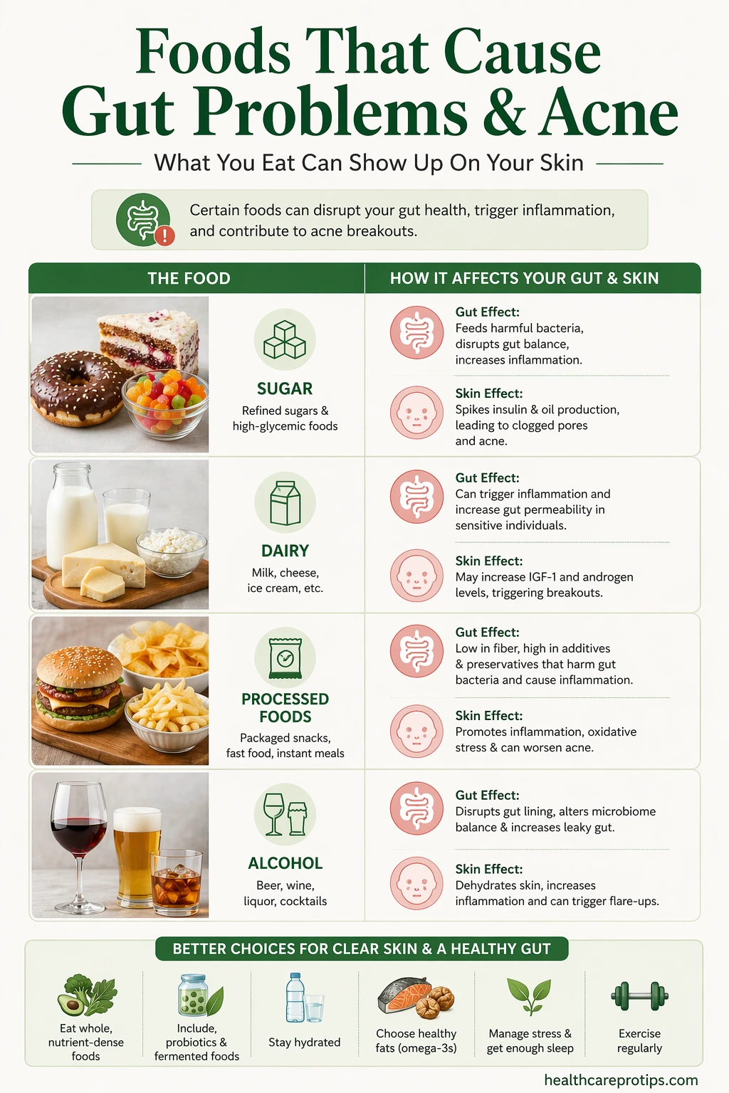 foods that cause both gut problems and acne including sugar dairy processed foods and alcohol