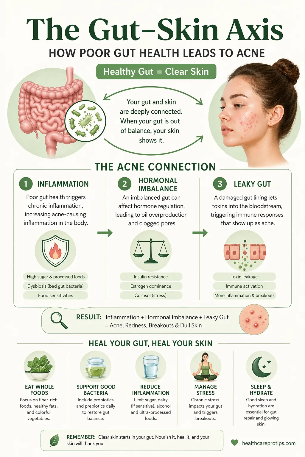 gut skin axis infographic showing how poor gut health leads to acne through inflammation hormones and leaky gut