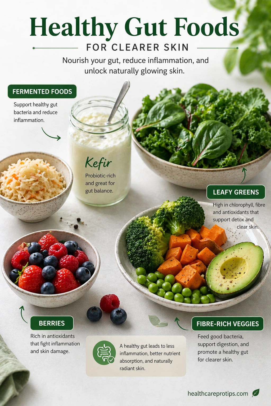 healthy gut foods including fermented kefir leafy greens berries and fibre rich vegetables for clearer skin